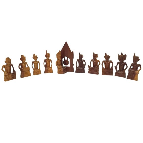 Indonesian Hand Carved Wood Figures 3" Miniatures Tribal Gamelan Band Balinese - Picture 1 of 14